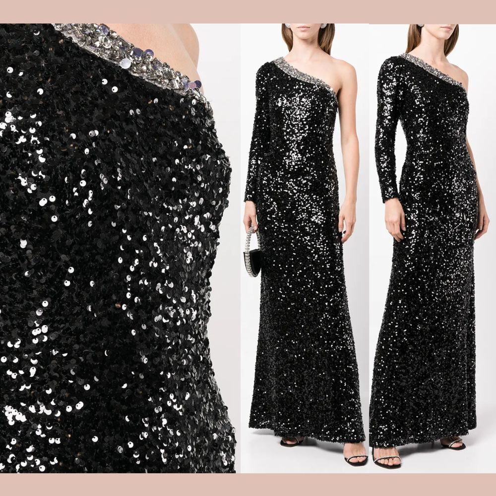 NWT $1095 Sachin & Babi [ 0 ] Greta Sequined One Shoulder Gown‎ Black Q1126